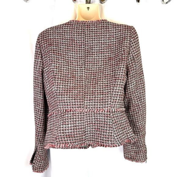 WHBM Red Black Tweed Fringe Moto Style Asymmetrical Zip Blazer Jacket Size 4 - Picture 2 of 16